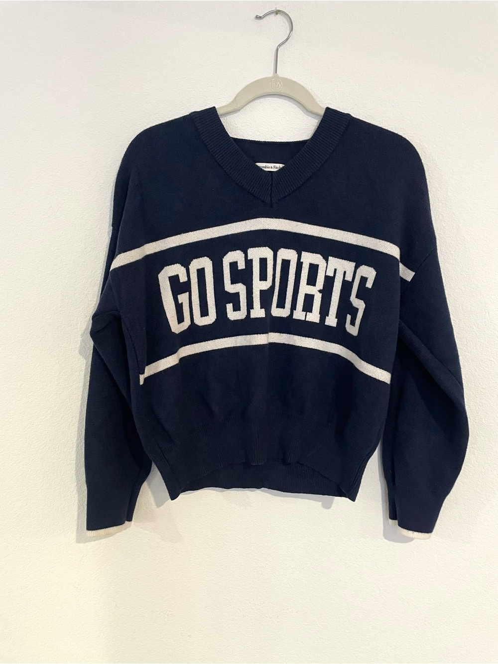 Abercrombie & Fitch Navy V-Neck 'GO SPORTS' Graphic Sweater